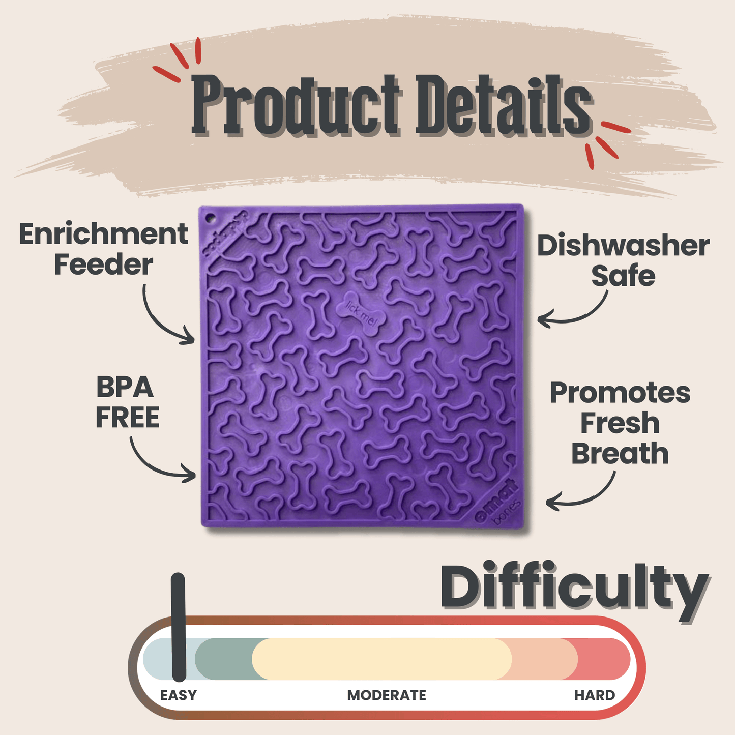 Purple textured product with text detailing features and ease of use on a beige background