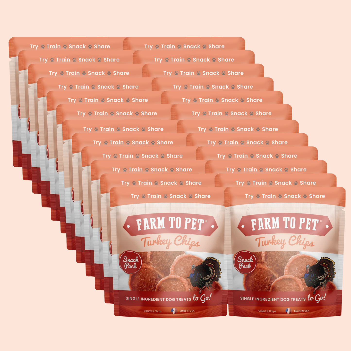 Multiple packages of Farm to Pet Turkey Chips on a beige background