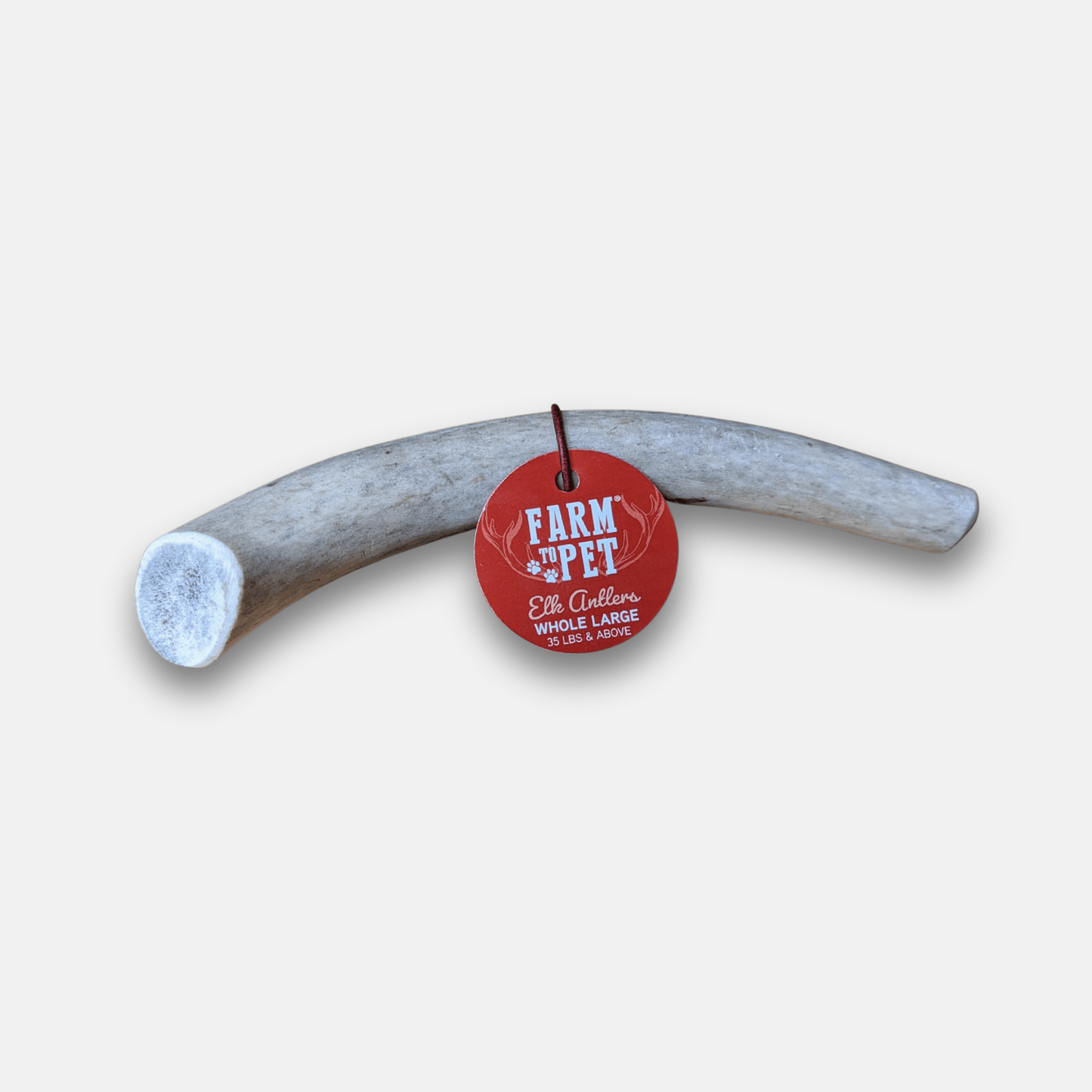 Rawhide antler with a red tag labeled 'Farm Pet' on a white background