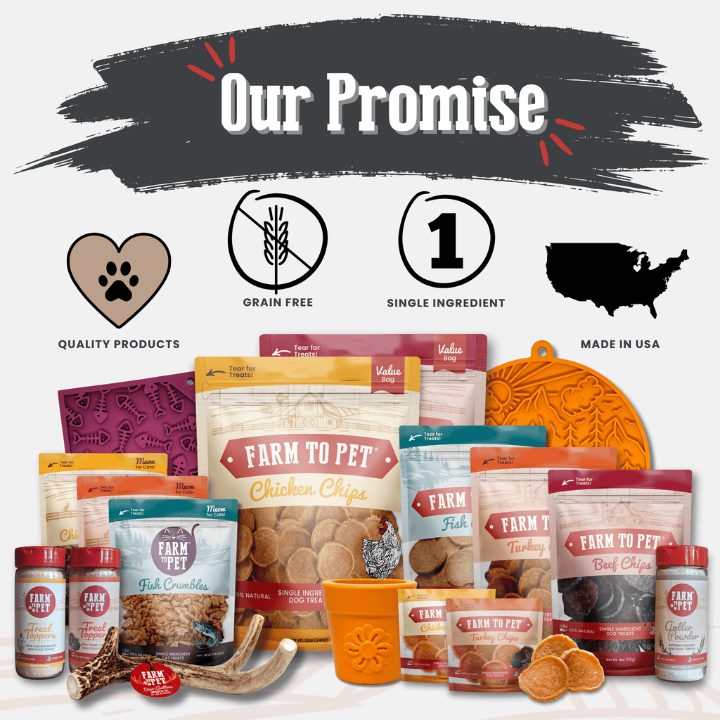 Collection of pet food products with 'Farm to Pet' branding and packaging on a white background.