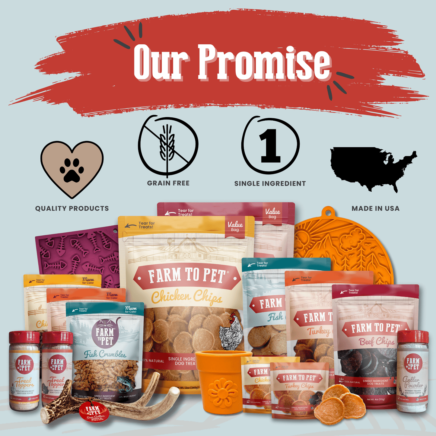 Collection of pet food products with branding elements on a light blue background