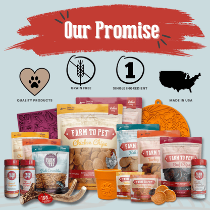 Collection of pet food products with branding elements on a light blue background