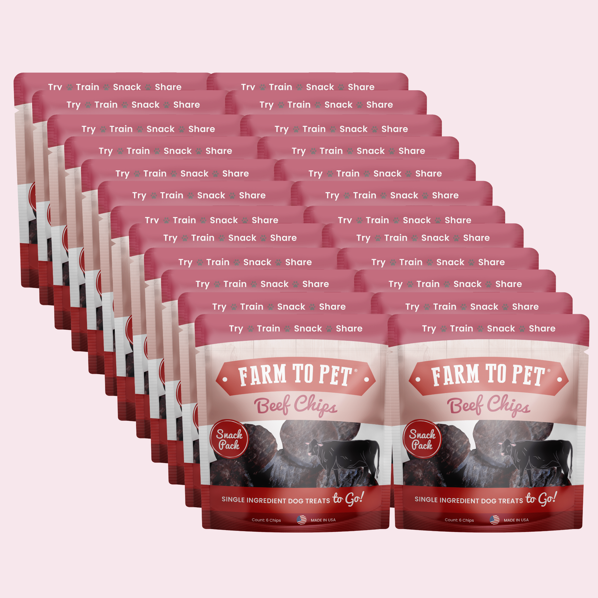 Multiple packages of Farm to Pet Beef Chips on a white background