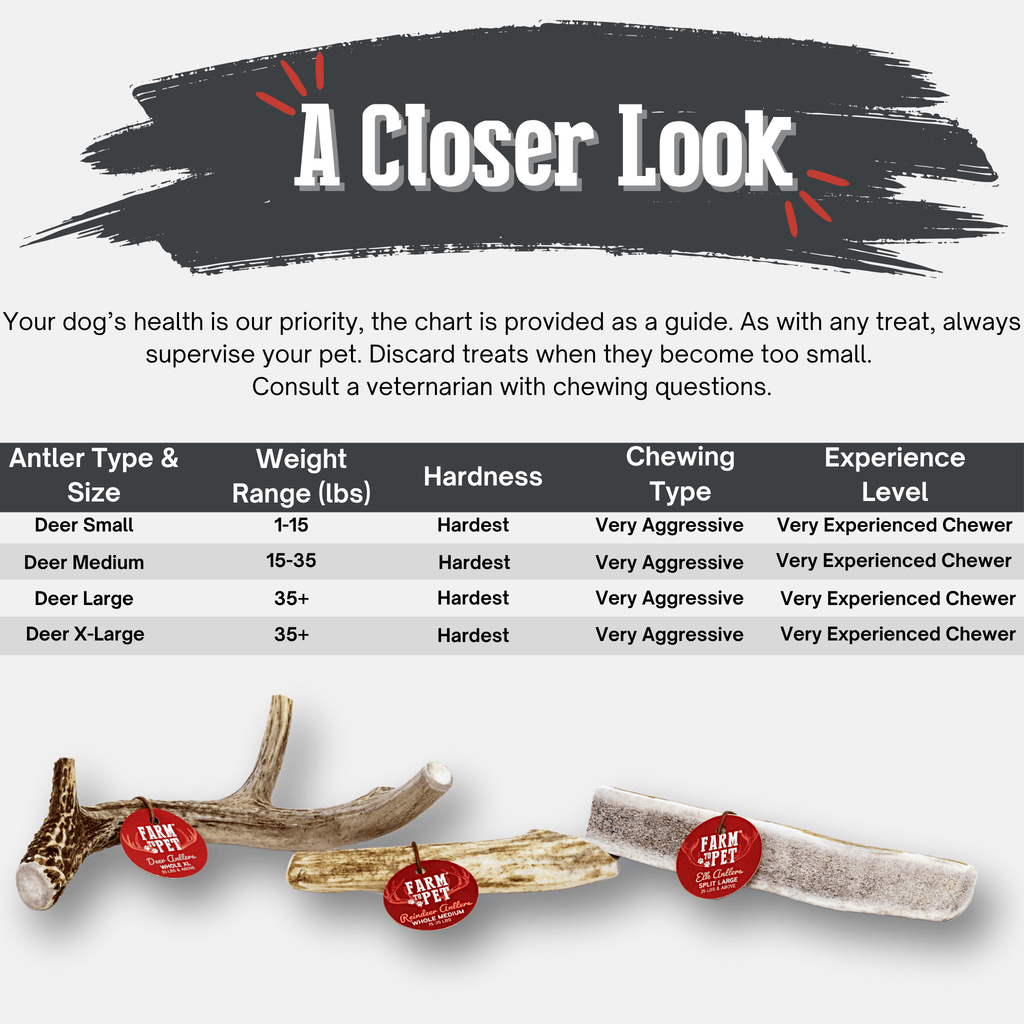 Chart detailing deer antler types, sizes, weight ranges, hardness, chewing type, and experience level with Farm Fresh deer antlers.