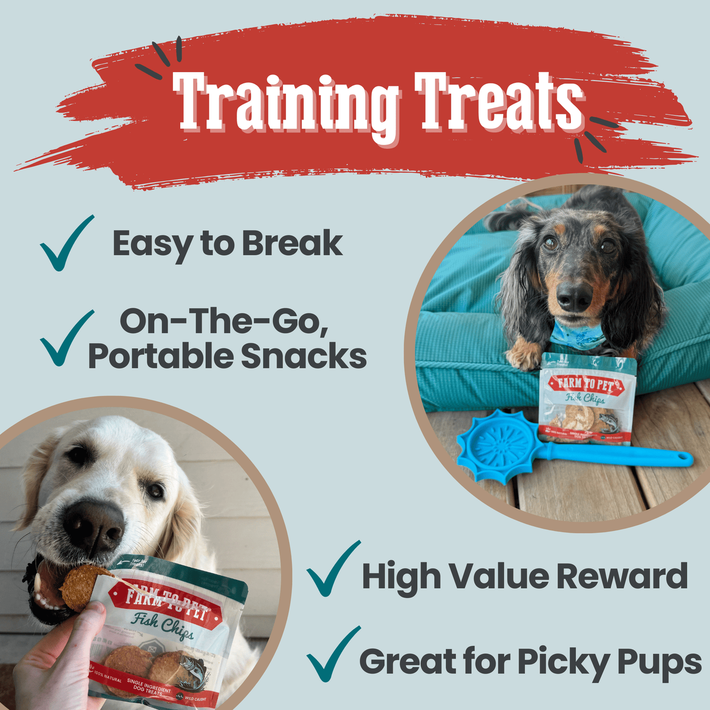 Dog training treats packaging with a dog eating a treat and text highlighting features.