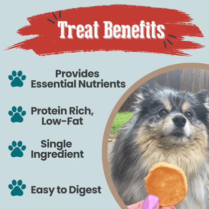 Dog treat with text highlighting benefits on a light blue background