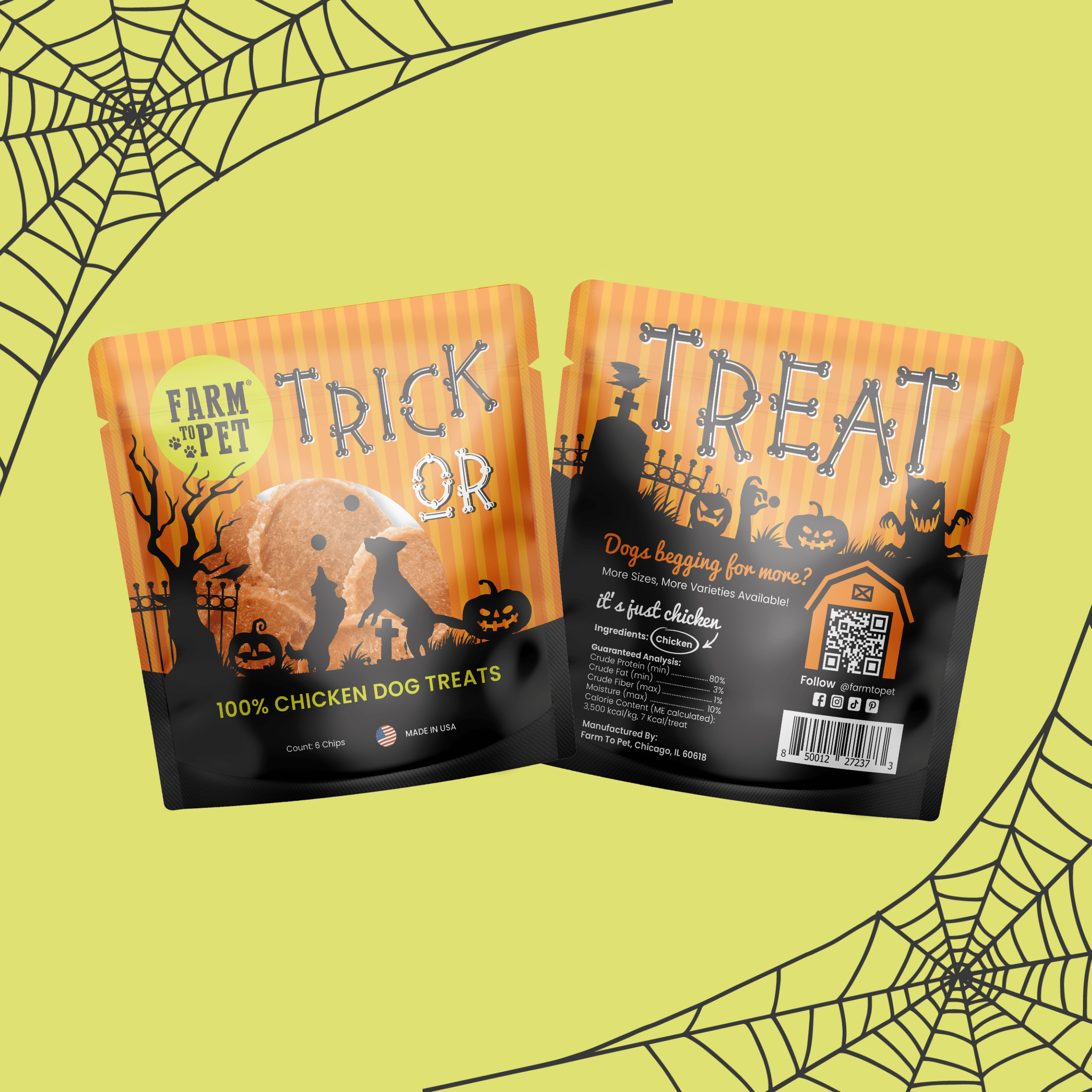 Two Halloween-themed dog treat packages on a green background with spider webs.