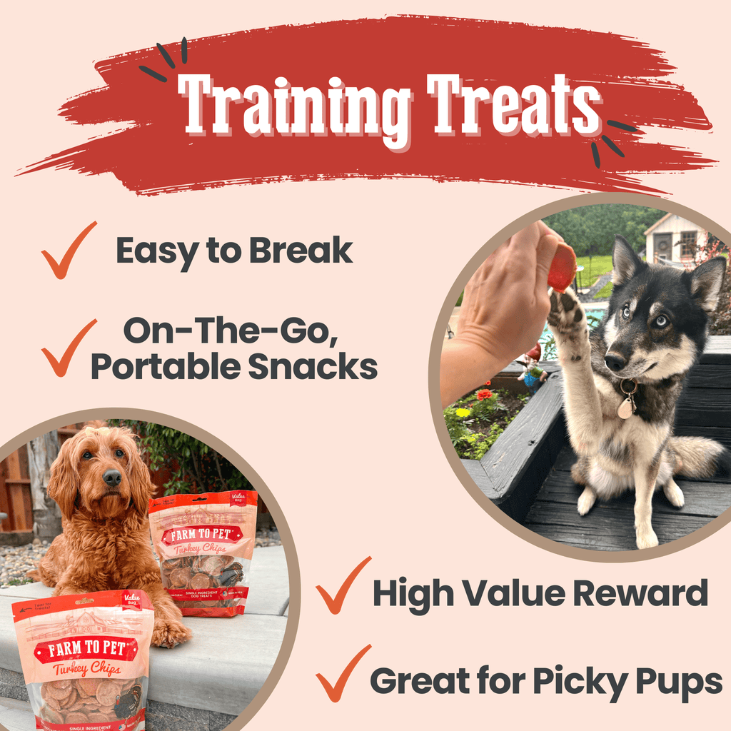 Dog training treats with images of dogs and text highlighting features