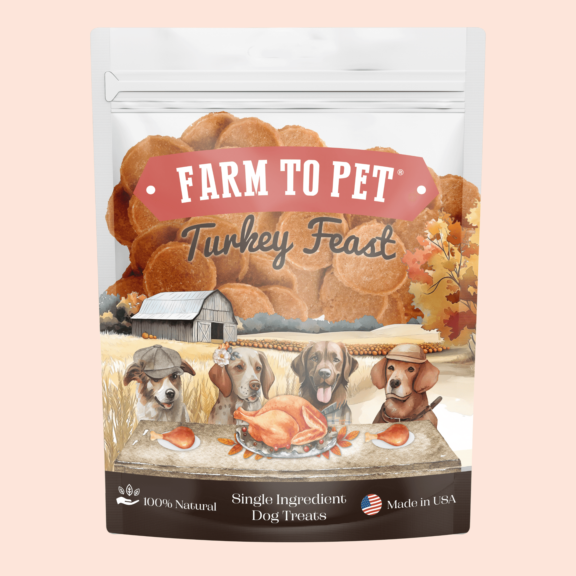 Dog treats packaging labeled 'Farm to Pet Turkey Feast' with illustrations of dogs and a turkey on a pink background.