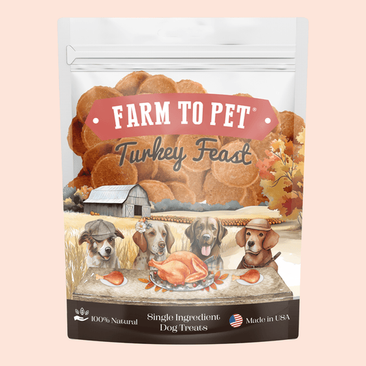 Dog treats packaging labeled 'Farm to Pet Turkey Feast' with illustrations of dogs and a turkey on a pink background.