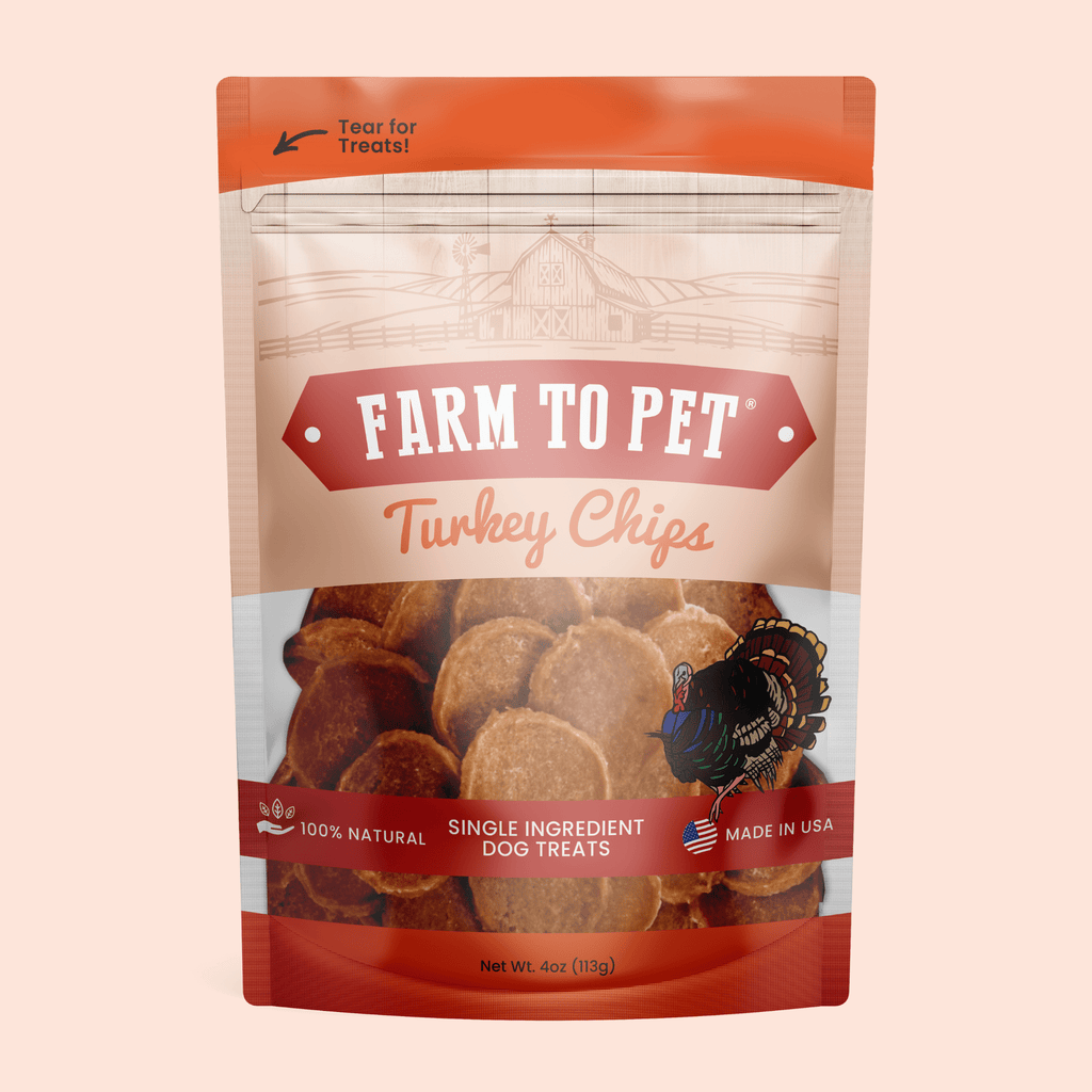 Package of Farm to Pet Turkey Chips dog treats on a beige background