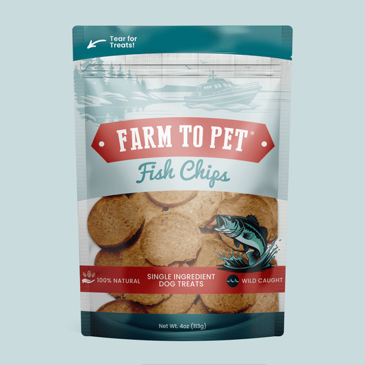 Package of Farm to Pet Fish Chips on a light blue background