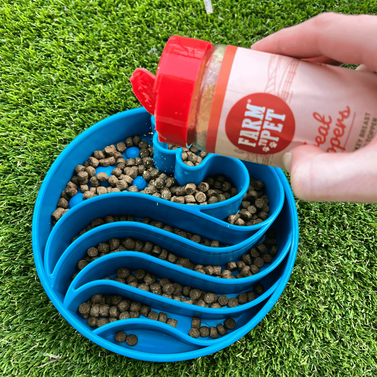 Farm To Pet Turkey Treat Topper – Lean Turkey Dog Topper Turkey Treat Toppers blue bowl