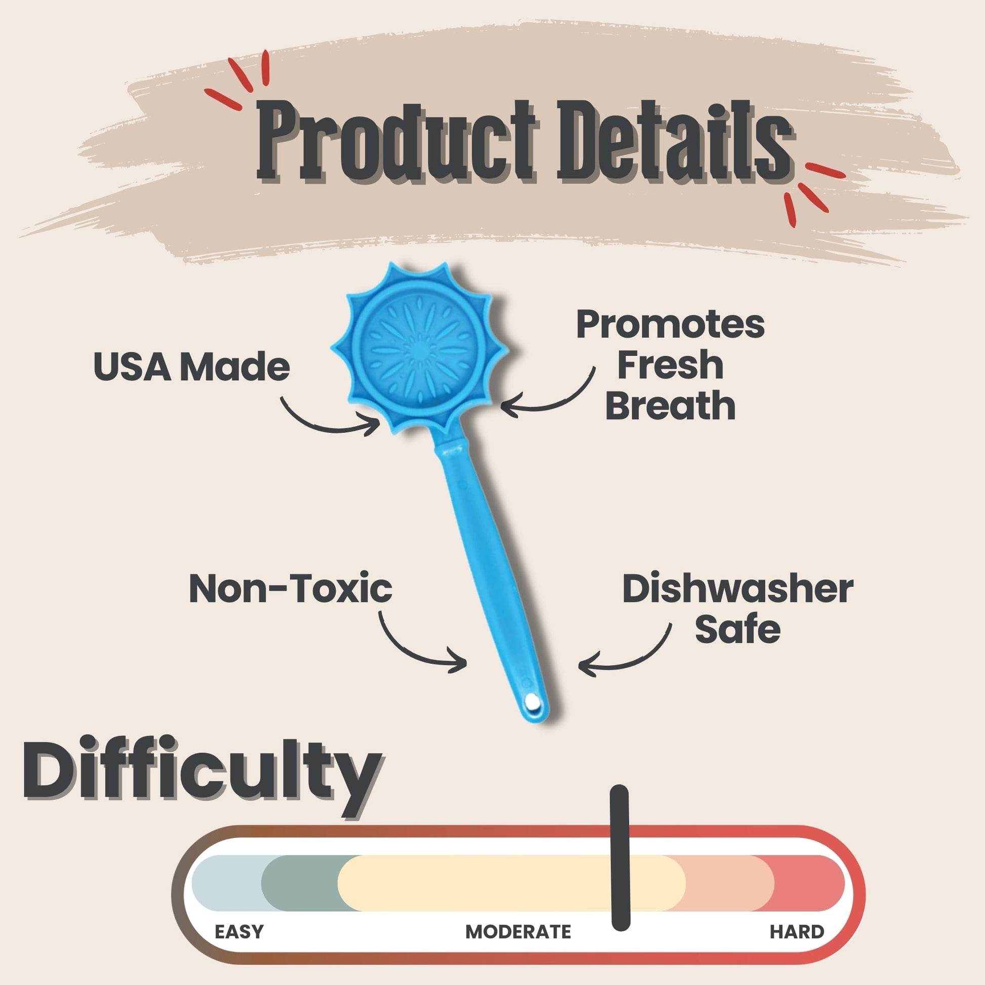 Product details of a blue tool with features like 'USA Made', 'Promotes Fresh Breath', 'Non-Toxic', and 'Dishwasher Safe' on a beige background.