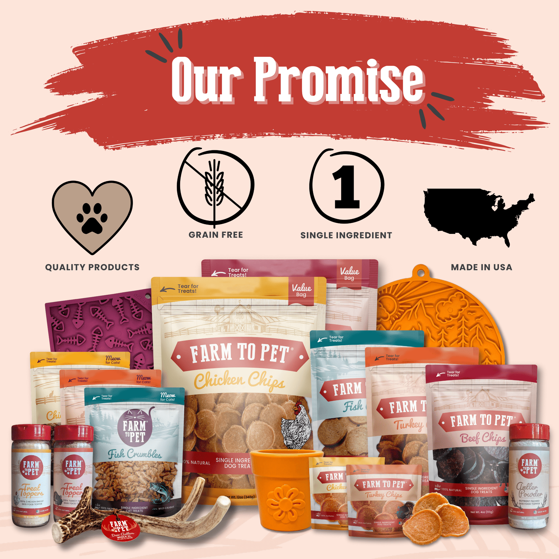 Collection of pet food products with branding elements on a light pink background