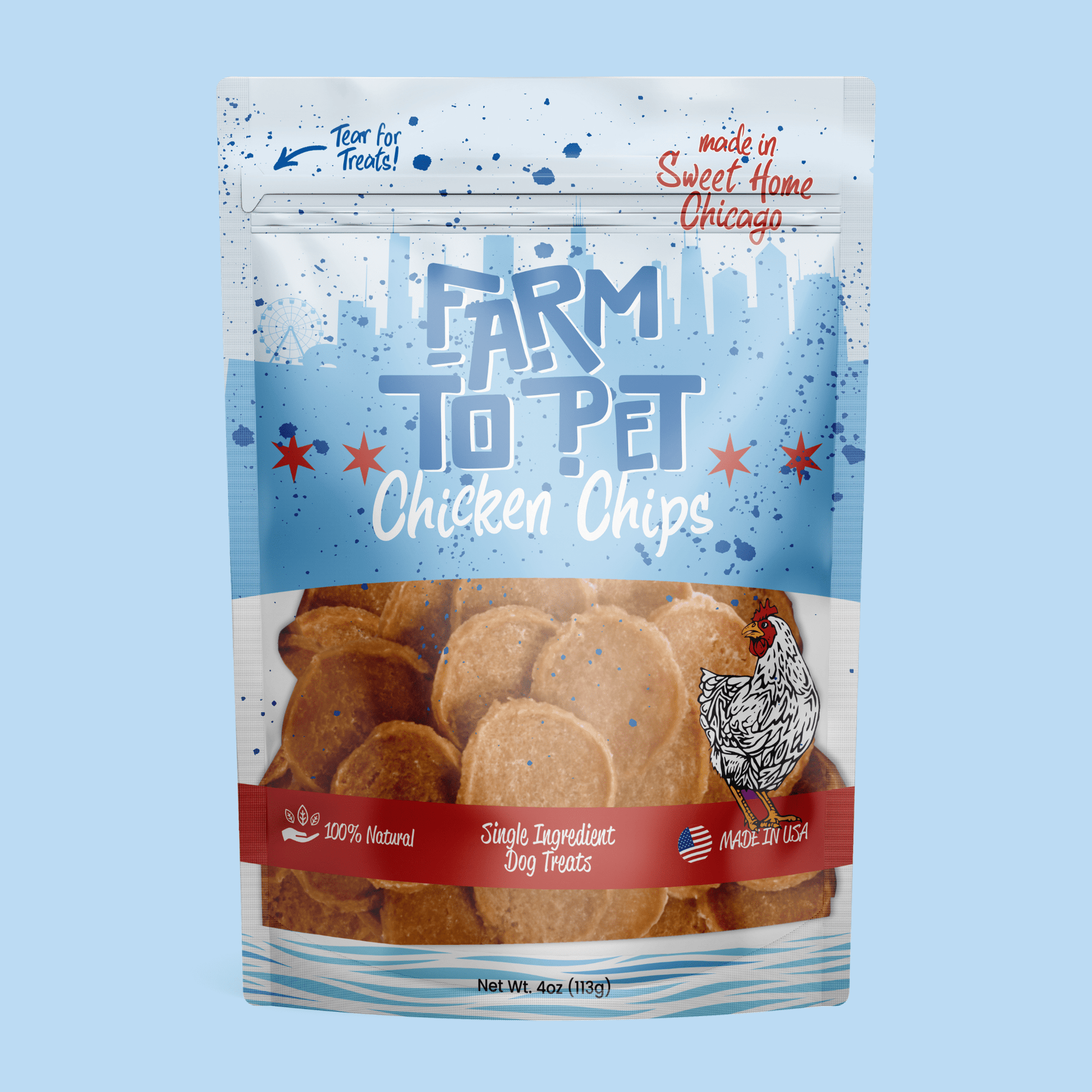 Package of Farm to Pet Chicken Chips on a light blue background