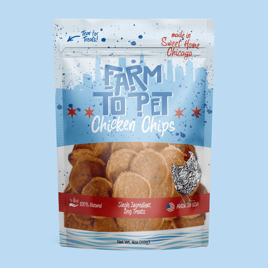 Package of Farm to Pet Chicken Chips on a light blue background