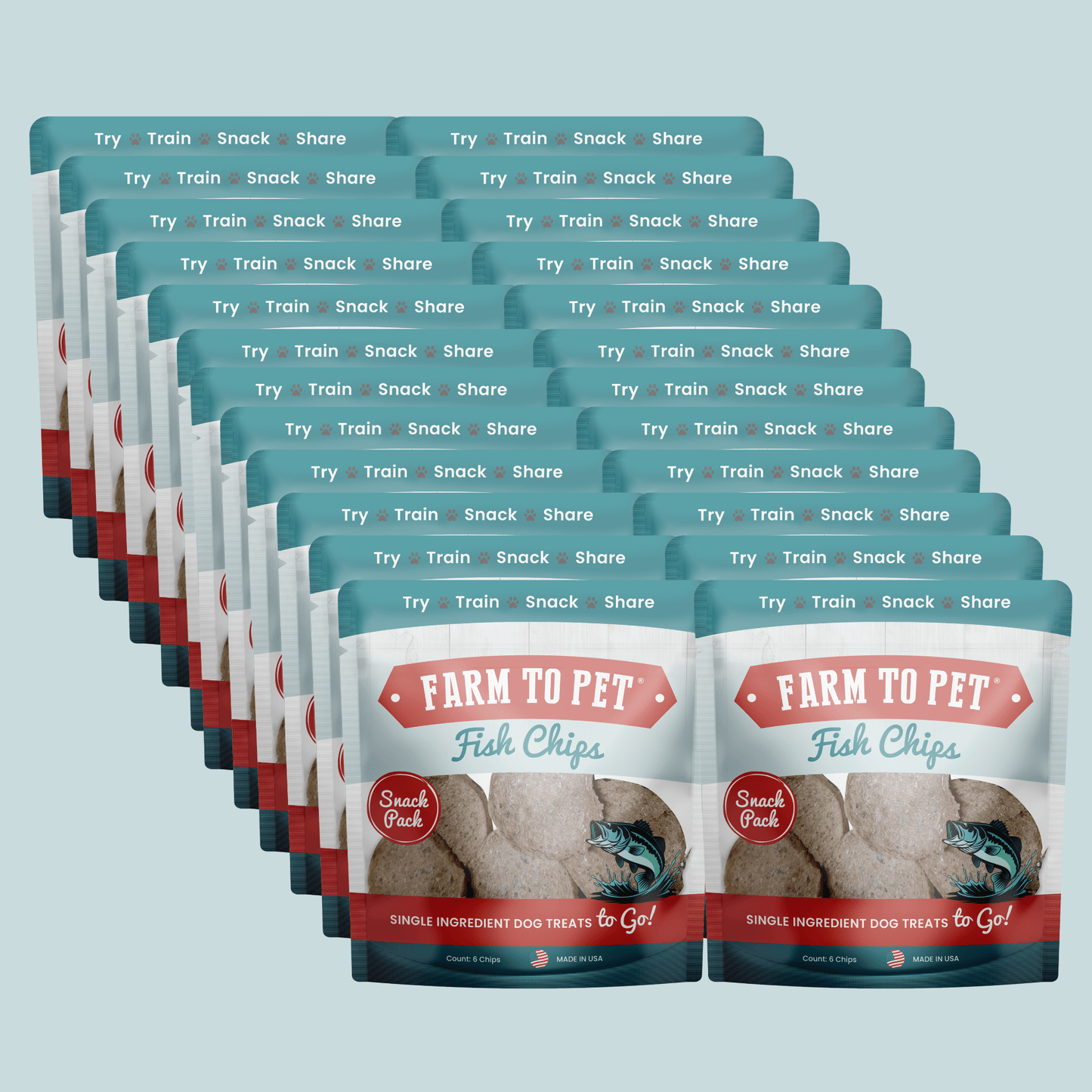 Multiple packages of Farm to Pet Fish Chips on a light blue background