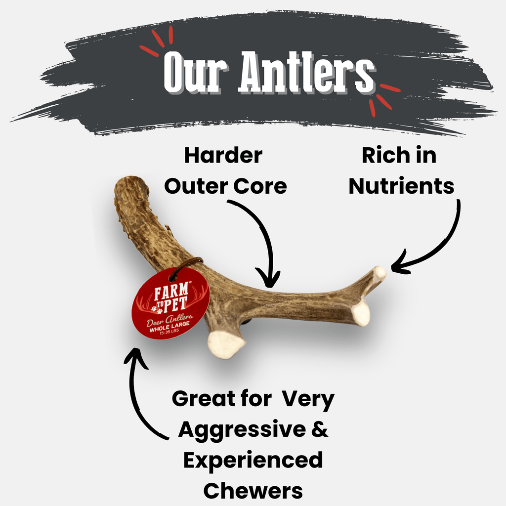 Farm & Pet deer antlers with text highlighting features on a white background