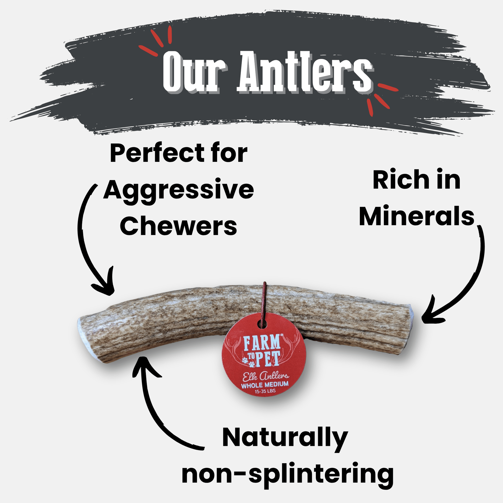 Antler chew with 'Farm to Pet' label, labeled as perfect for aggressive chewers, rich in minerals, and naturally non-splintering.