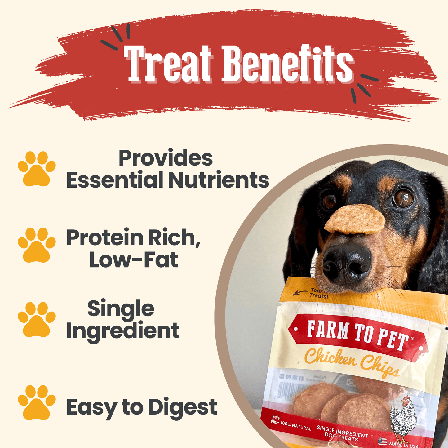 Dog with a bag of 'Farm to Pet' chicken chips and text listing benefits on a beige background