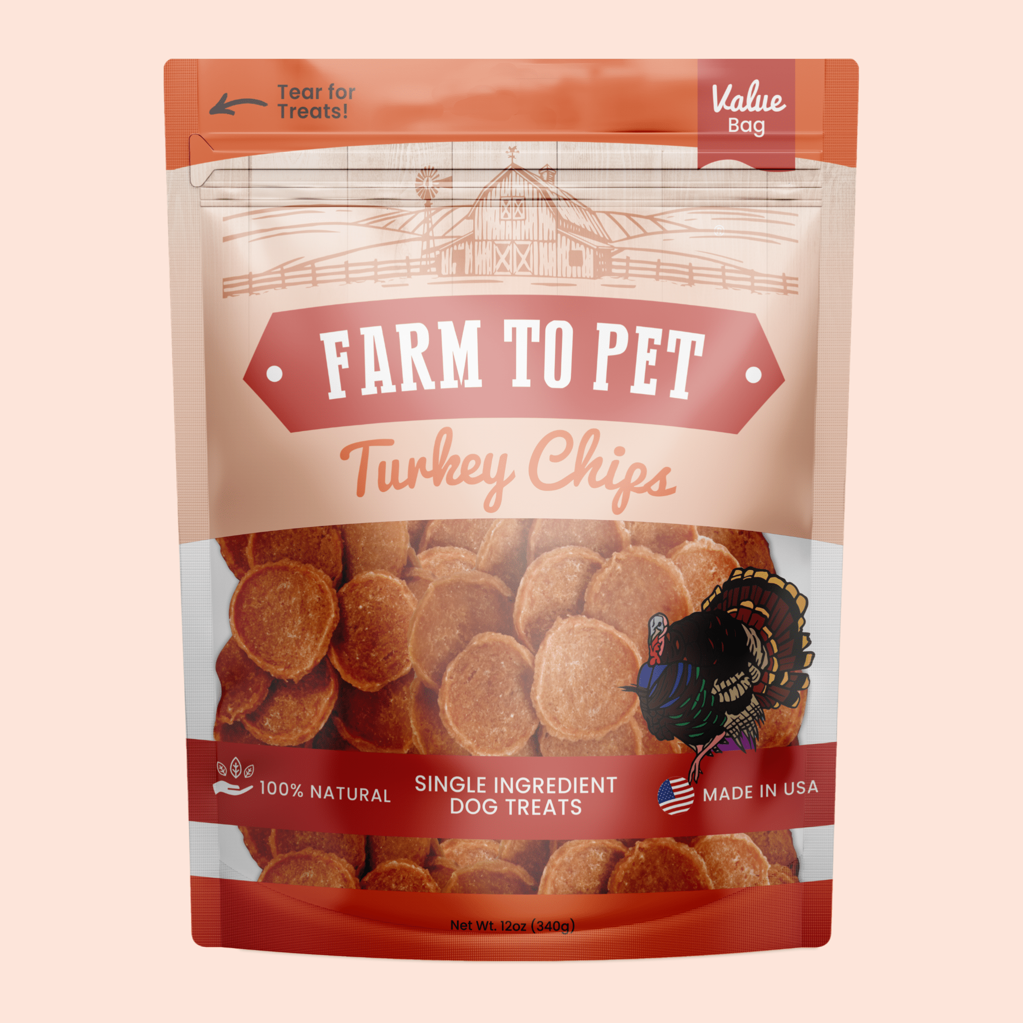 Package of Farm to Pet Turkey Chips dog treats on a beige background