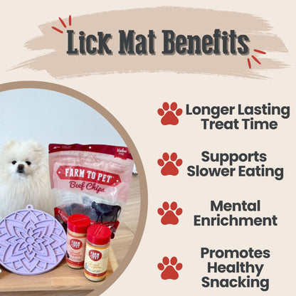 Lick mat benefits with a dog, treats, and a packaging display on a beige background.