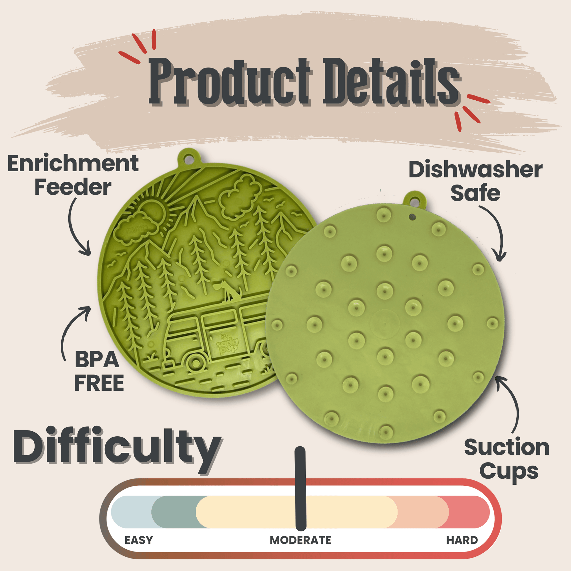 Two green silicone mats with text detailing features on a beige background