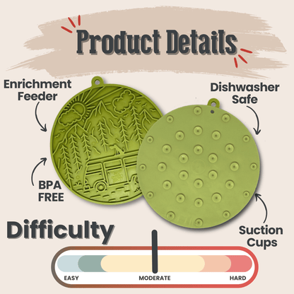 Two green silicone mats with text detailing features on a beige background
