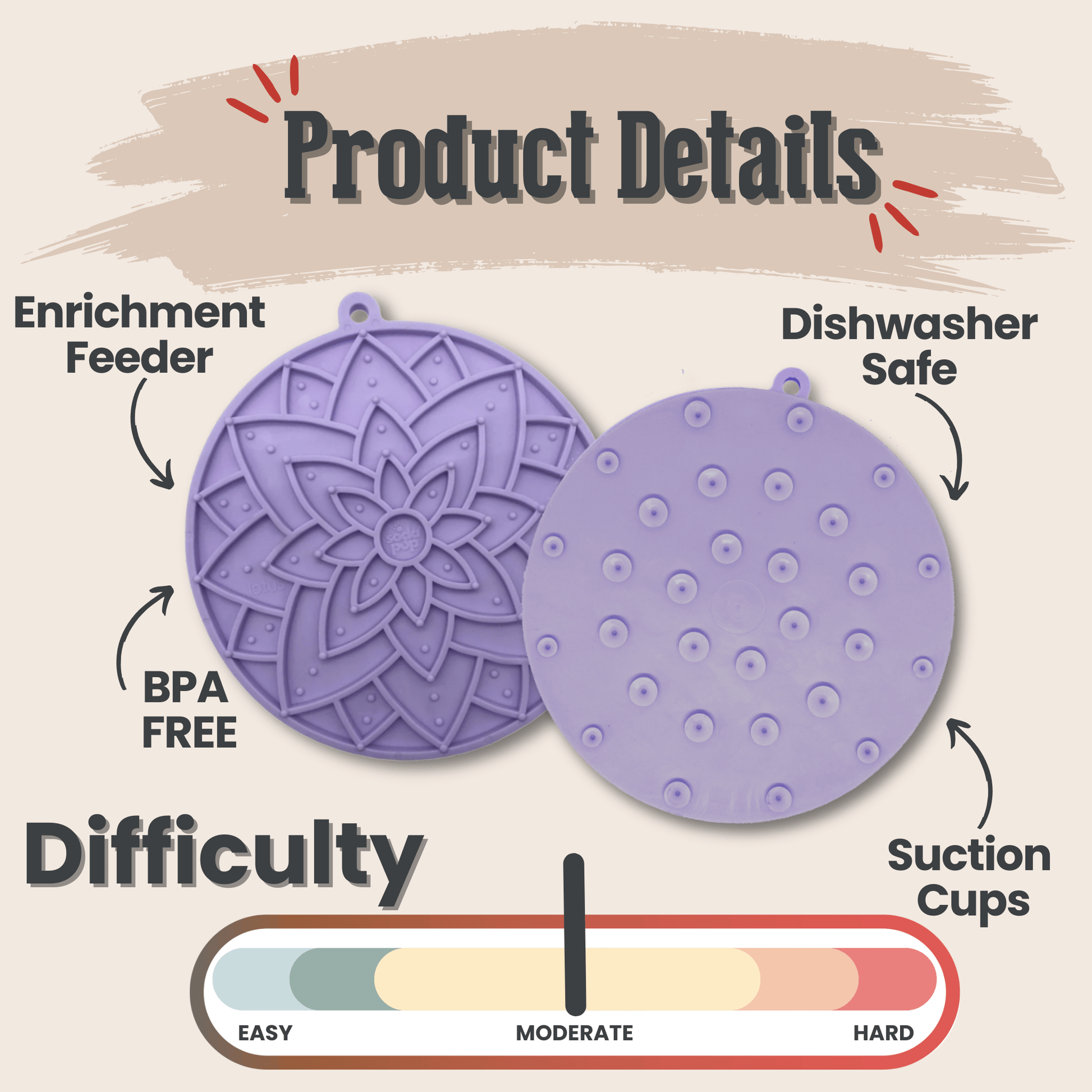 Two purple silicone mats with text detailing features on a beige background