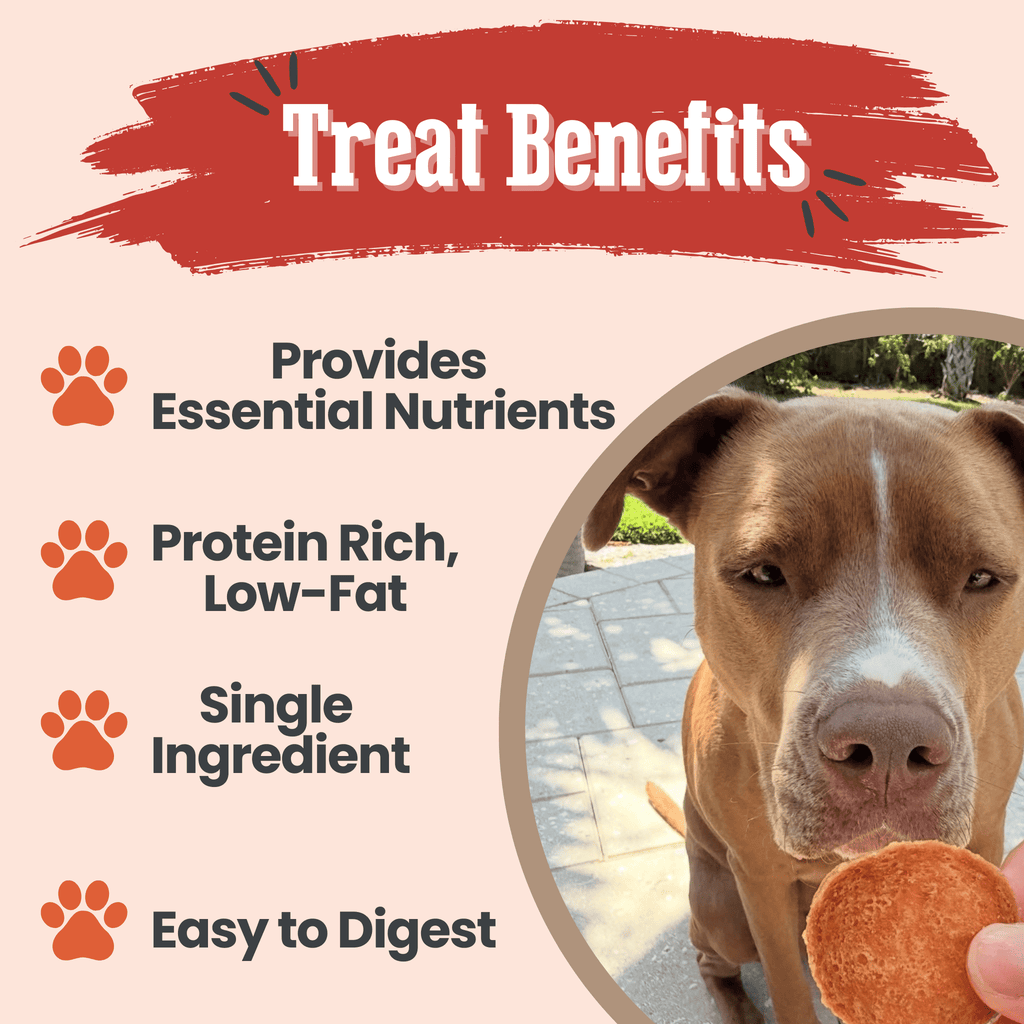 Dog treat benefits listed with a dog holding a treat.