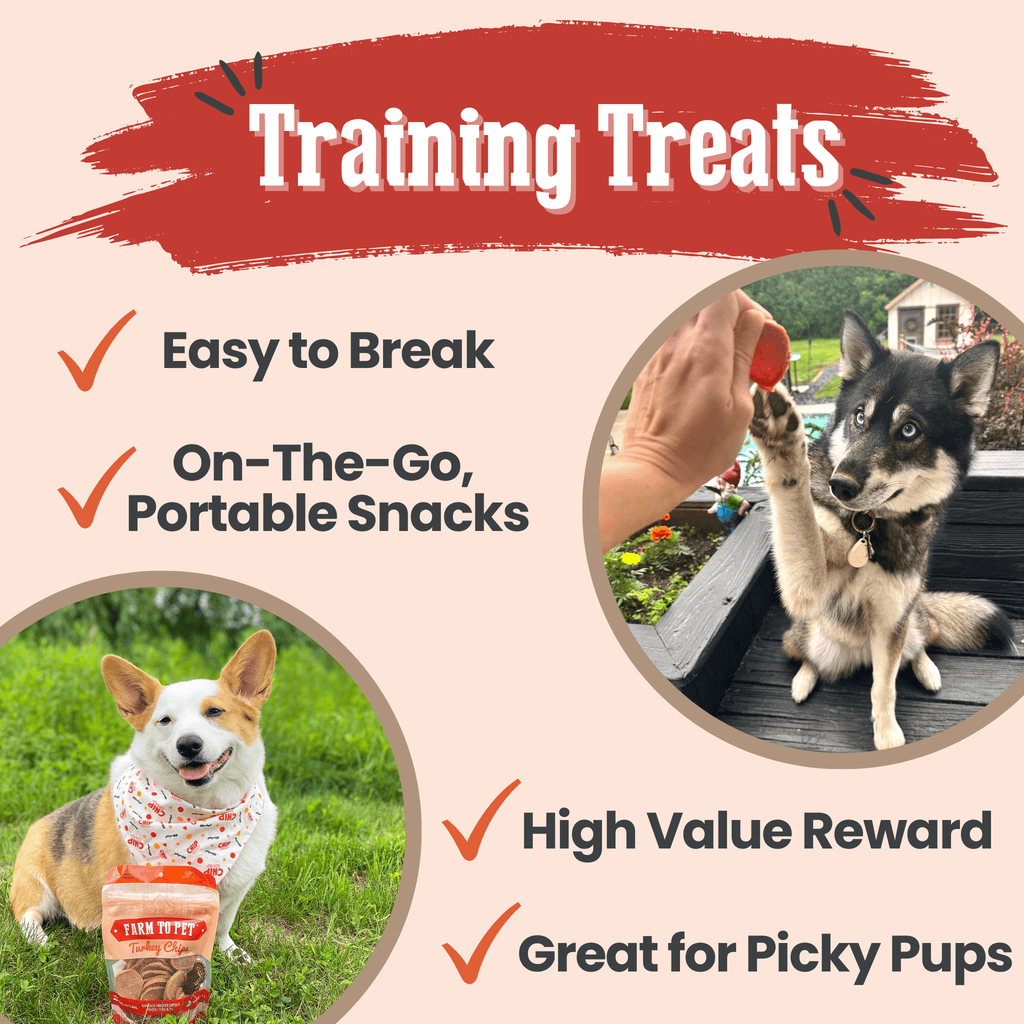 Dog training treats advertisement with images of dogs and text highlighting features.