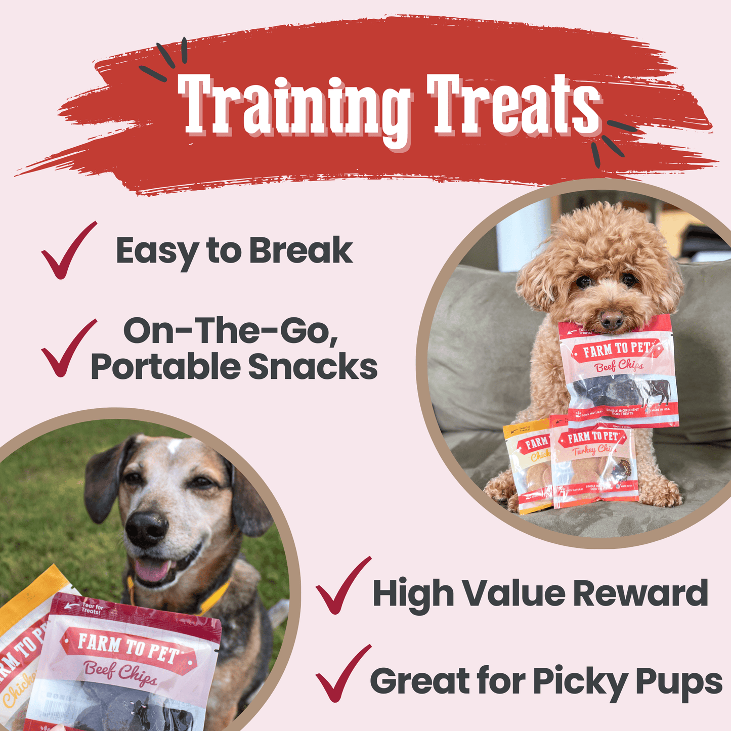 Dog training treats with images of dogs and text highlighting features on a light pink background.