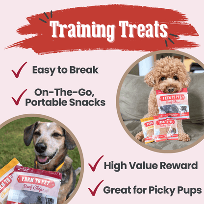 Dog training treats with images of dogs and text highlighting features on a light pink background.