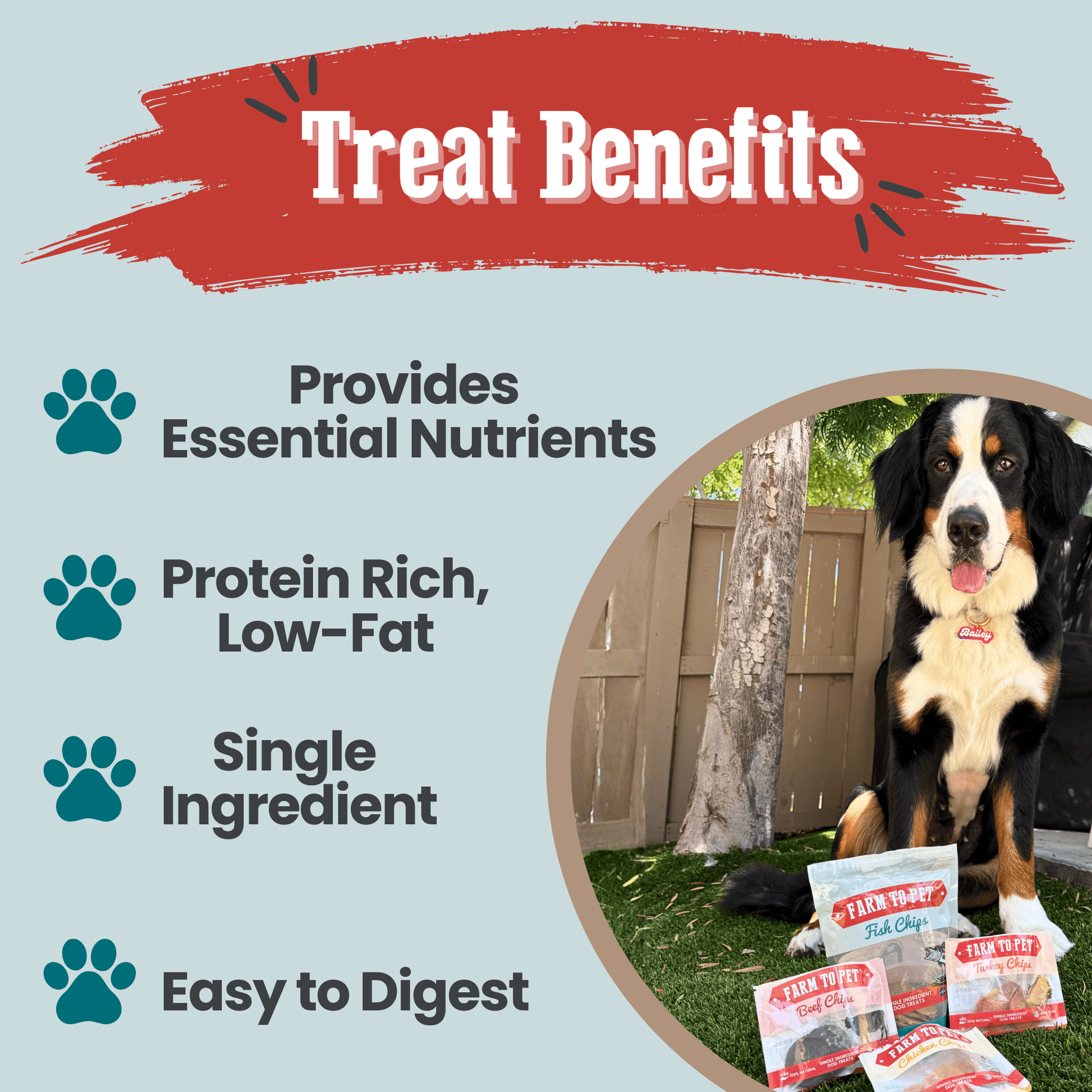 Dog treats with text highlighting benefits on a light blue background