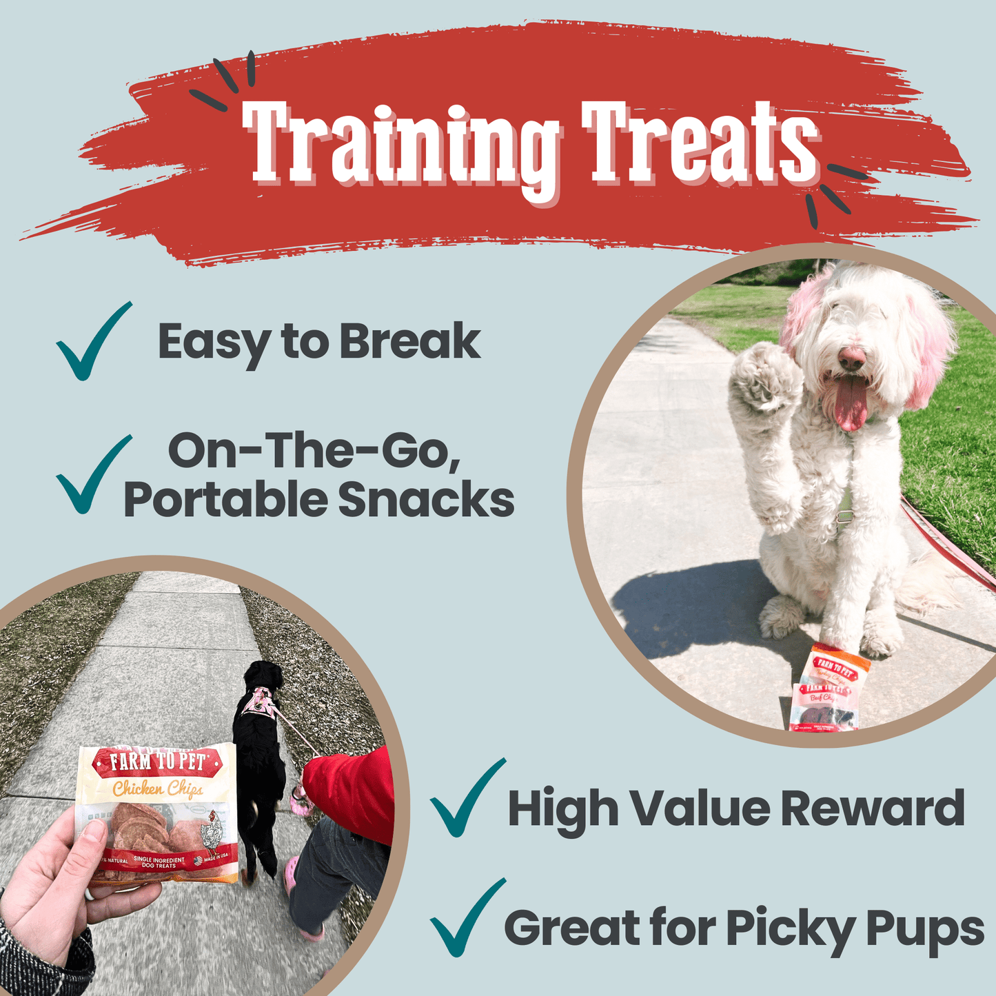 Dog training treats packaging with a dog on a leash and a person holding treats.