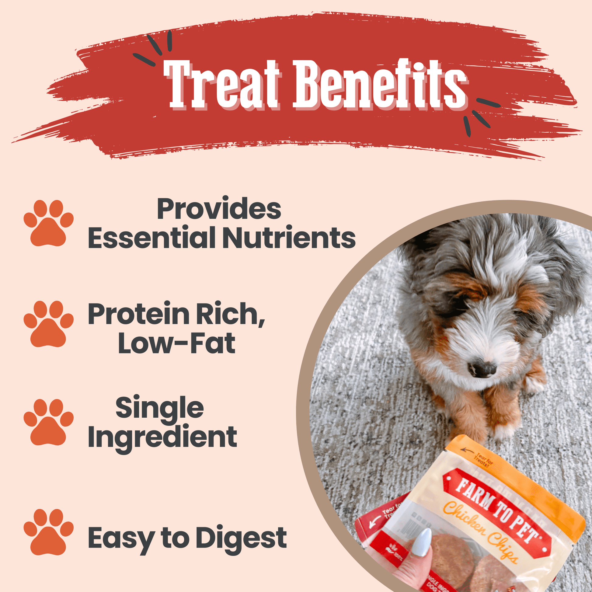 Dog treat packaging with text highlighting benefits on a light pink background
