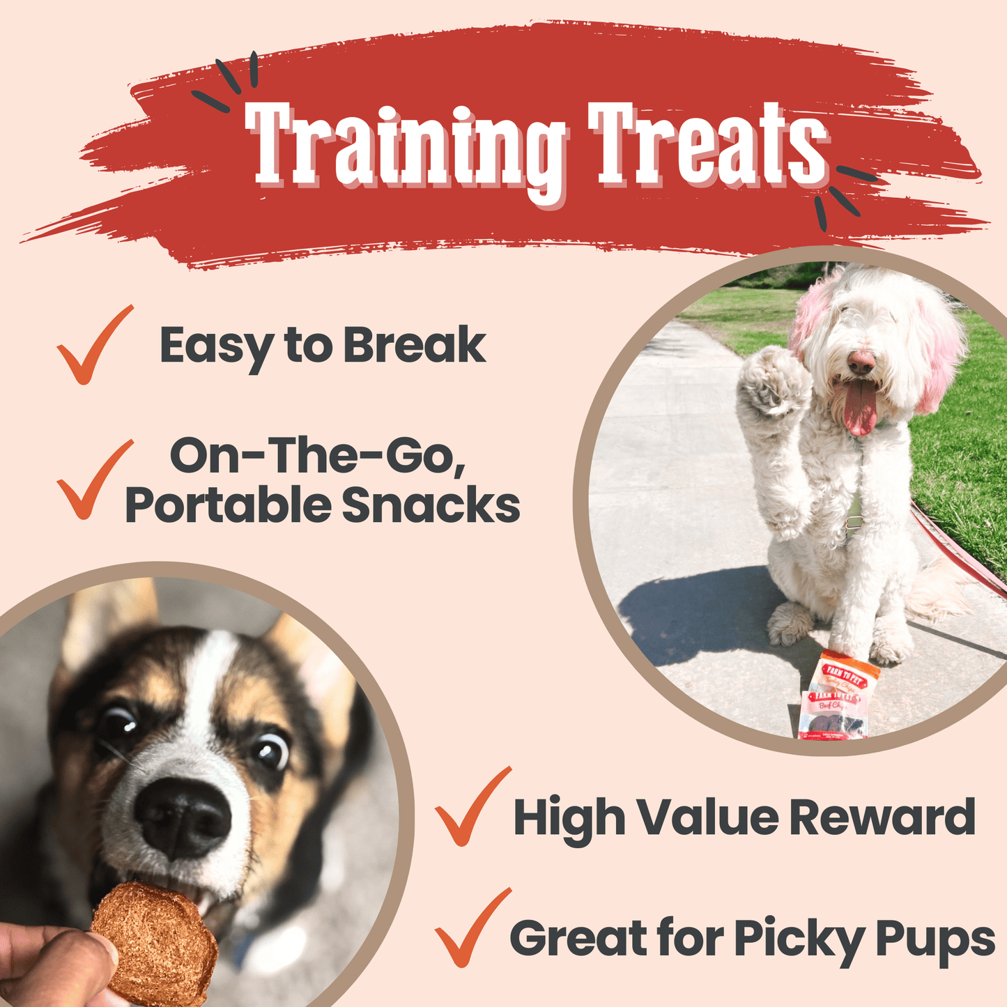 Advertisement for dog training treats with images of dogs and text highlighting features.