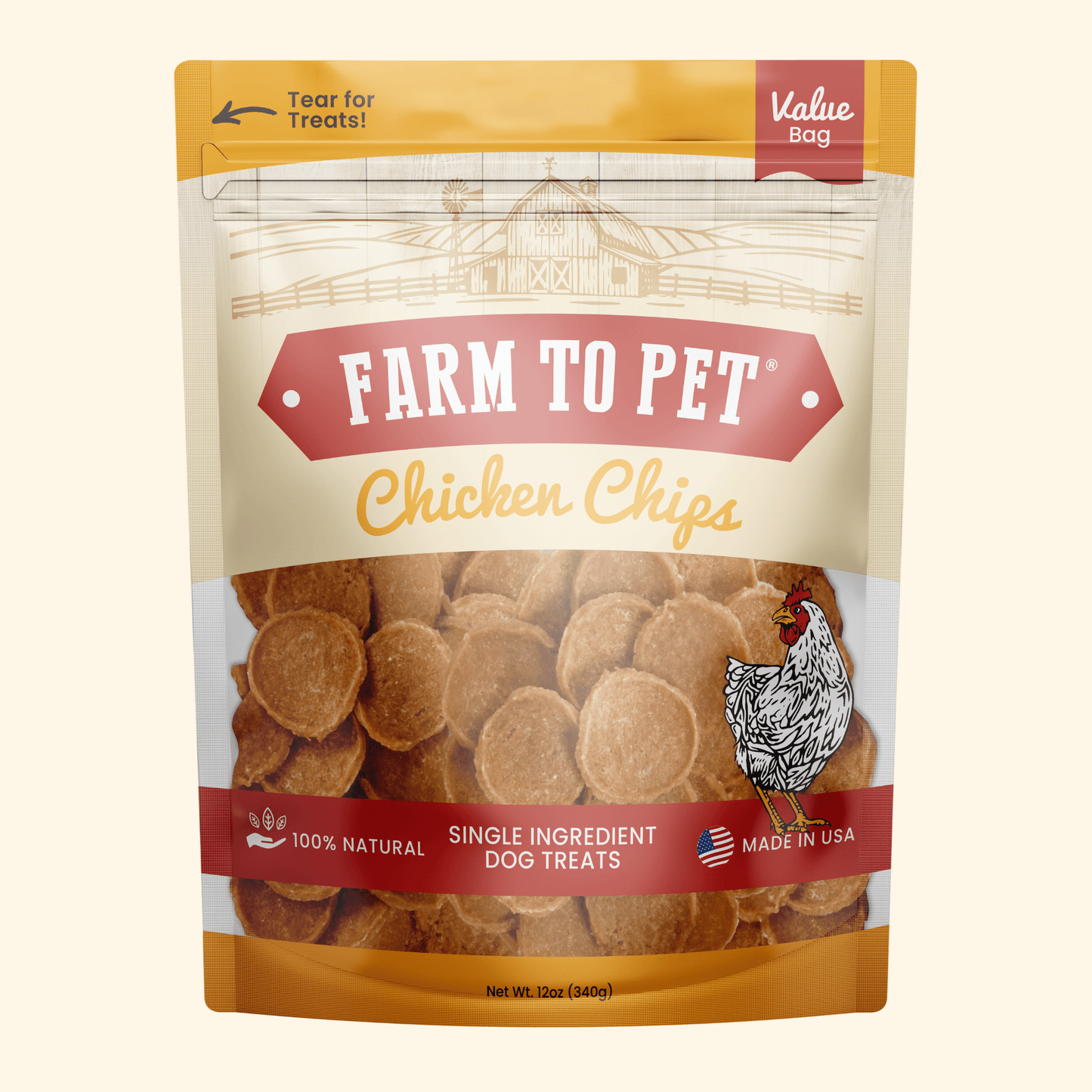 Farm To Pet Chicken Chips – Single Ingredient Treats for Dogs Chicken Chips 12oz Bag Front
