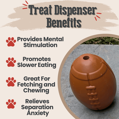 Brown football-shaped treat dispenser with text listing benefits on a beige background