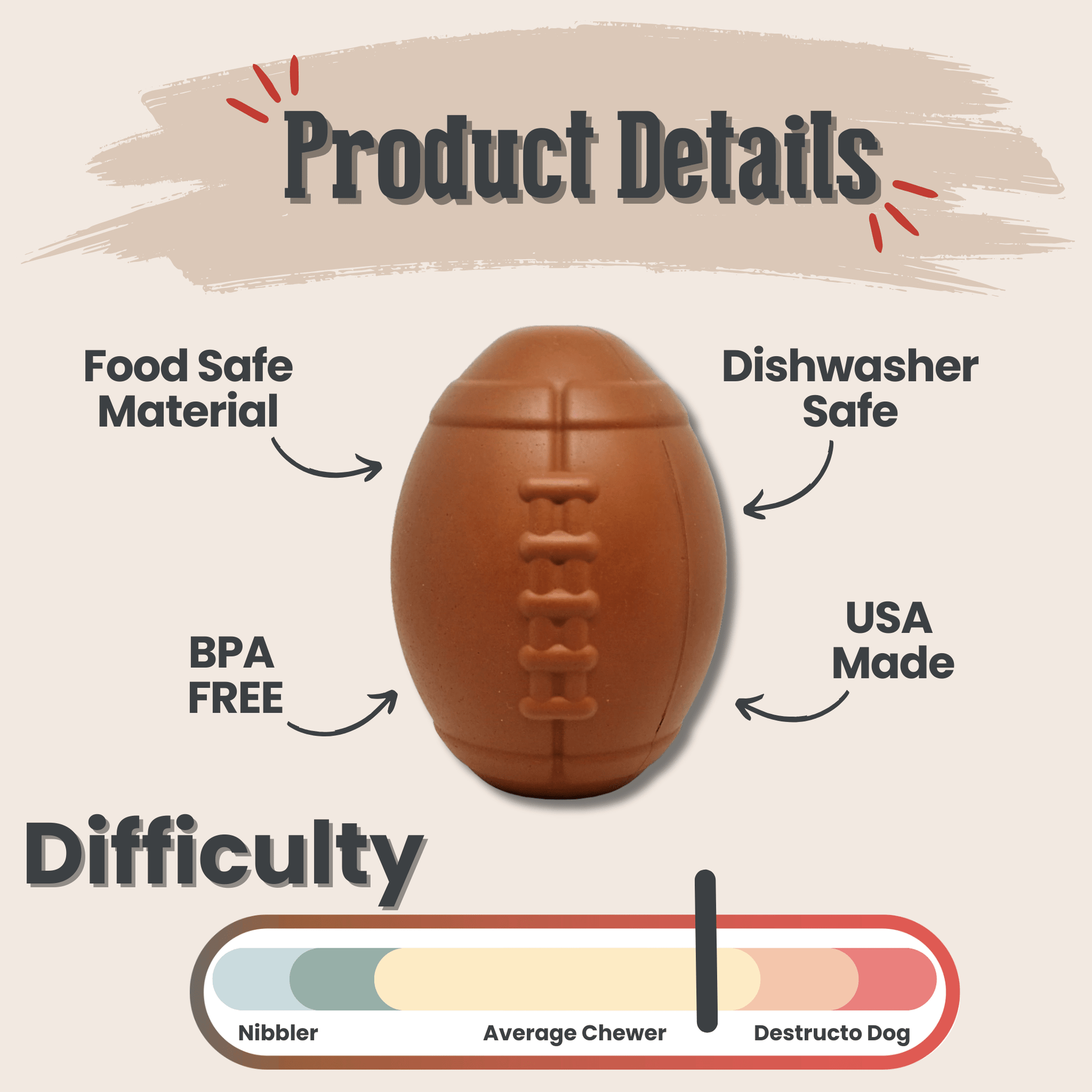 Brown football-shaped dog toy with product details on a beige background
