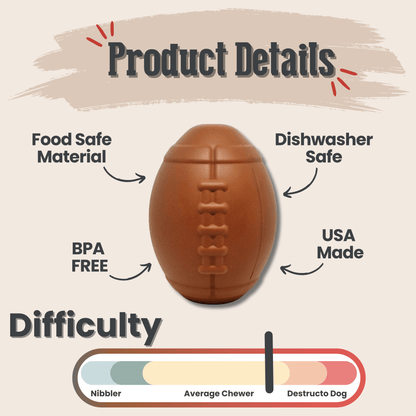 Brown football-shaped dog toy with product details on a beige background