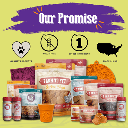 Assorted pet food products with 'Farm to Pet' branding on a green background, featuring icons and text about product attributes.