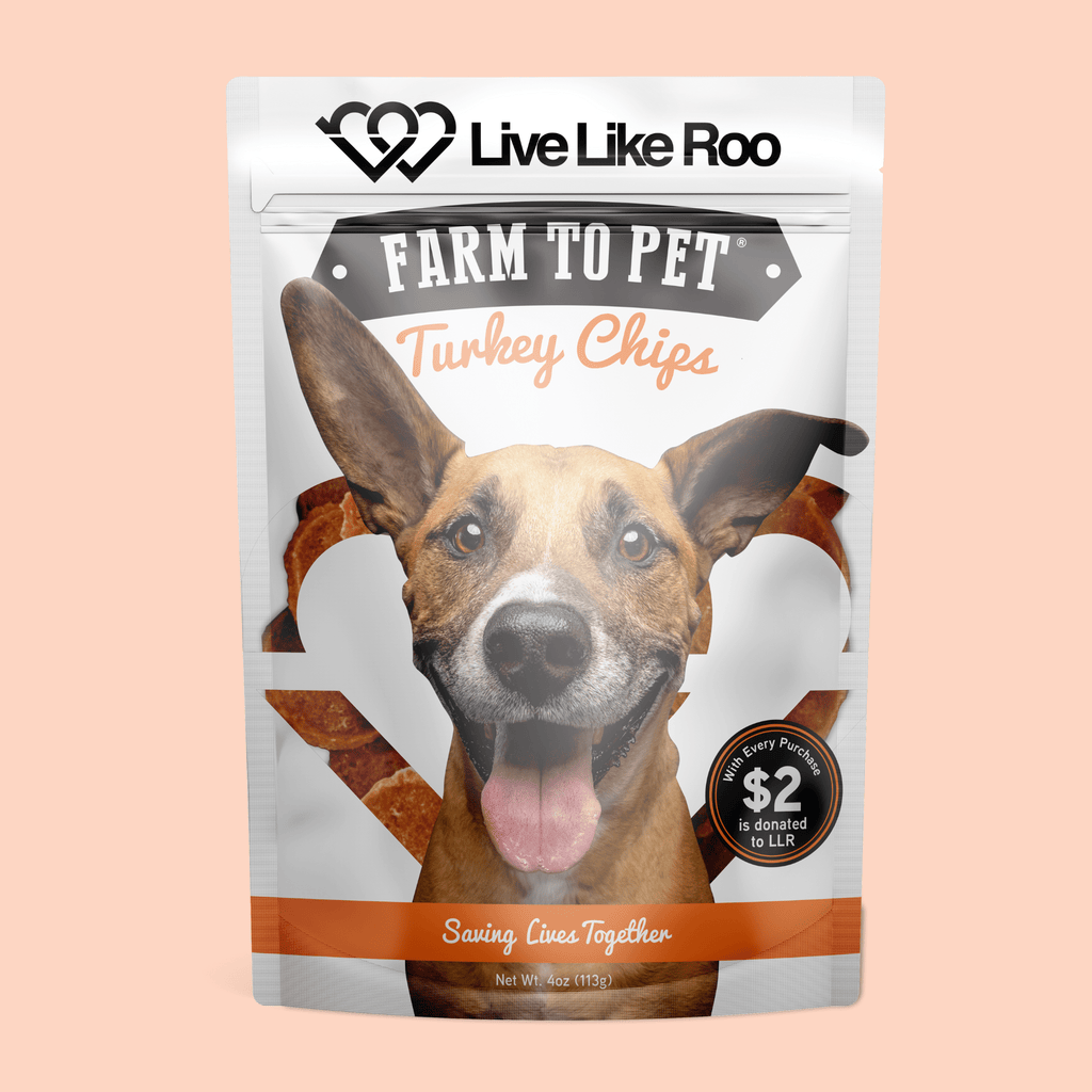 Dog food package with a dog's face on the front, featuring the brand 'Live Like Roo'.