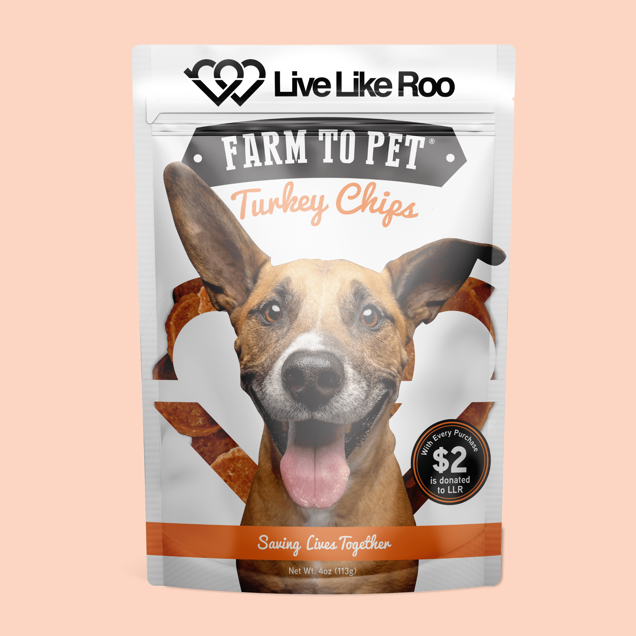 Dog food package with a dog's face on the front, featuring the brand 'Live Like Roo'.