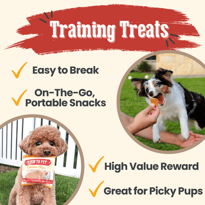 Dog training treats with images of a dog eating, a dog holding a treat, and text highlighting features.