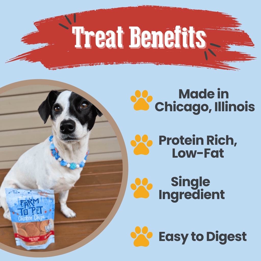 Dog with a treat package and text about treat benefits on a blue background