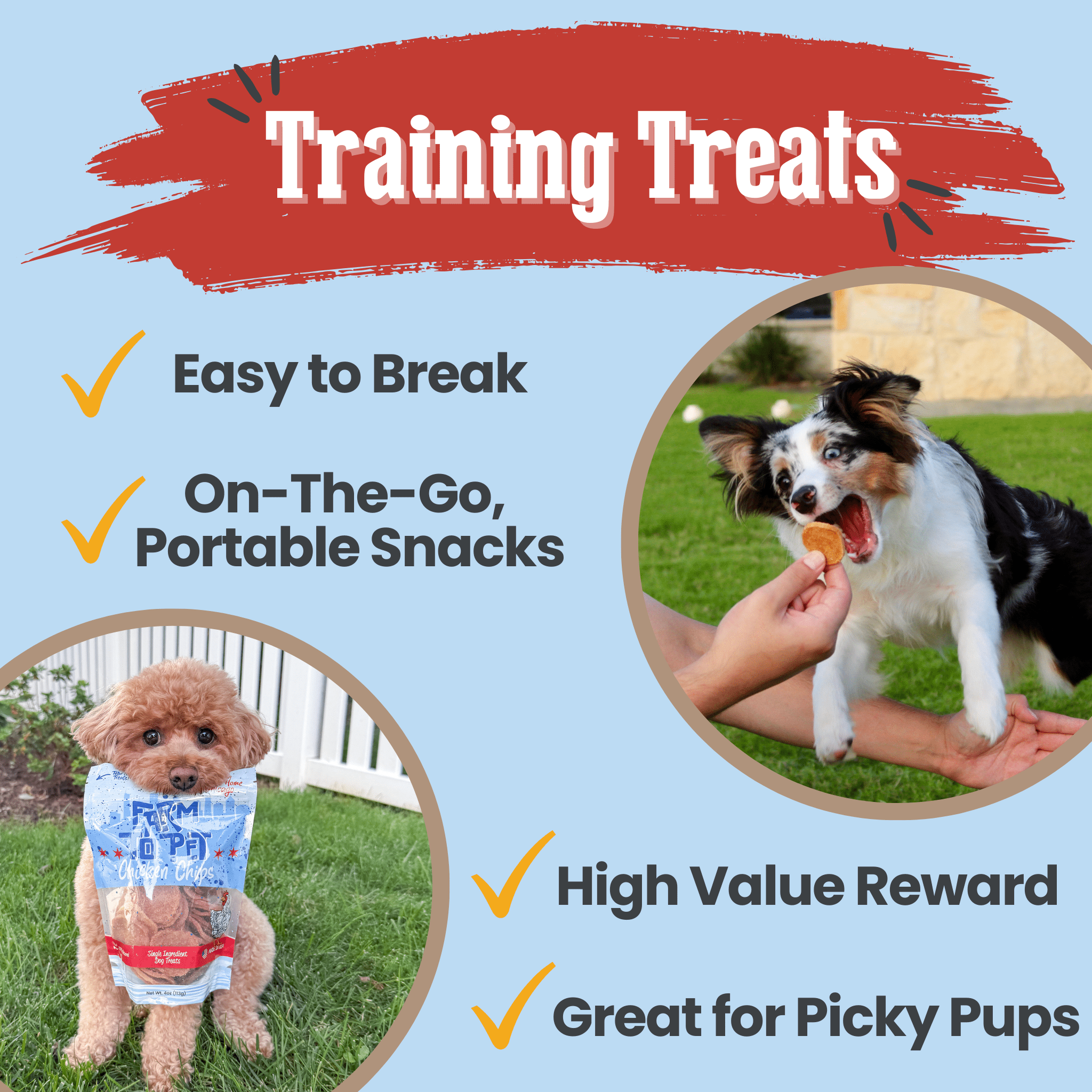 Dog training treats advertisement with a dog eating a treat and a dog wearing a bandana.