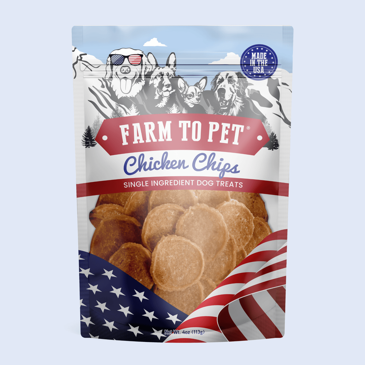 Americana Chicken Chips – USA Made Dog Treats Americana Chicken Chips 4oz Front