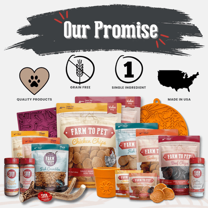Collection of pet food products with 'Farm to Pet' branding and packaging on a white background.